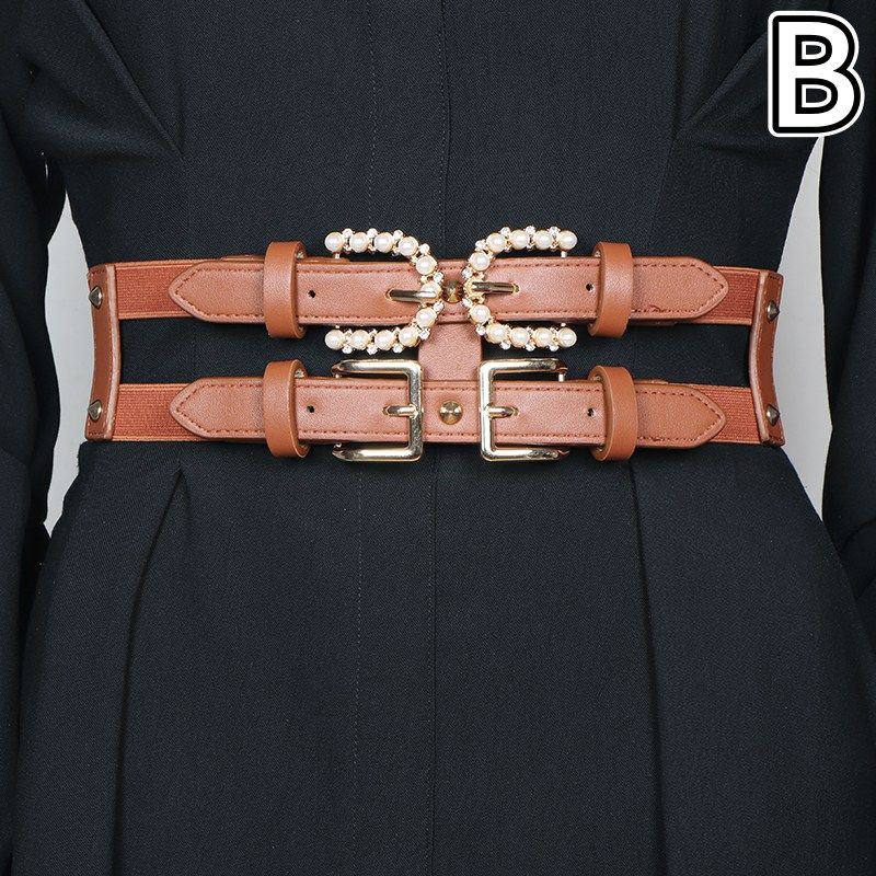 レディース ベルト レディース レザーベルト パール装飾 二重ベルト