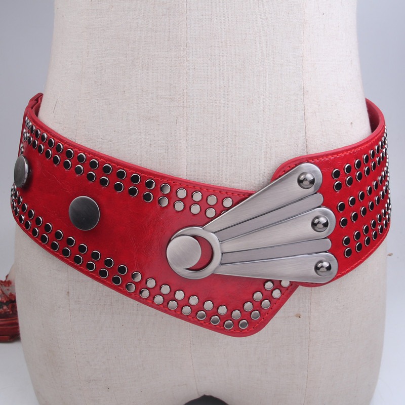 レディース ベルト レディース幅広レザーベルト スタッズ付き合皮ウエストベルト