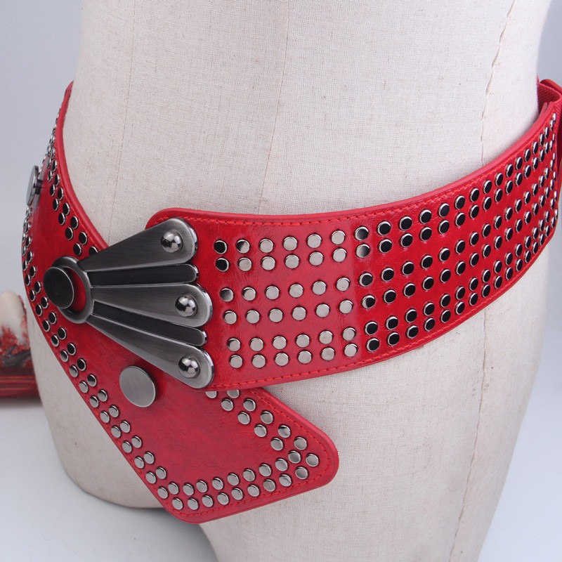 レディース ベルト レディース幅広レザーベルト スタッズ付き合皮ウエストベルト