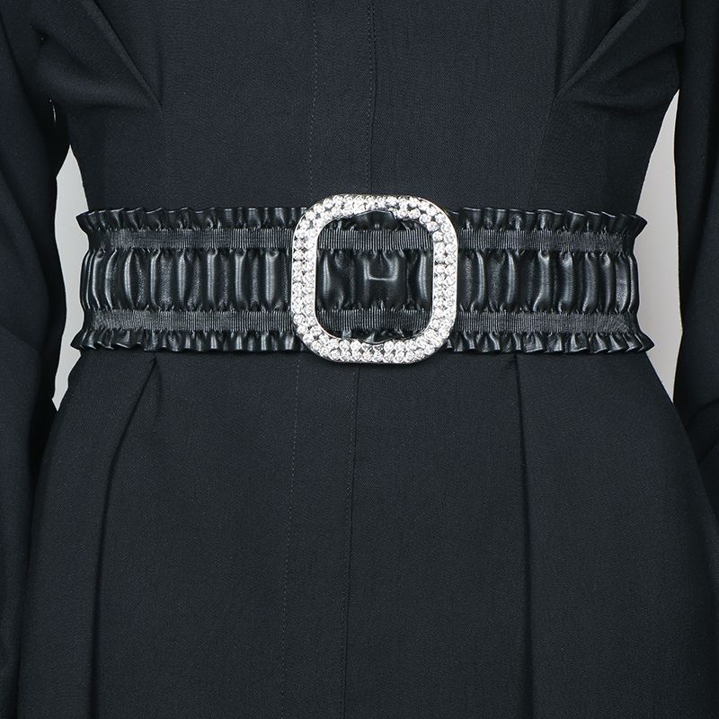 レディース ベルト レディース 幅広 フリルレザーベルト パール装飾付き