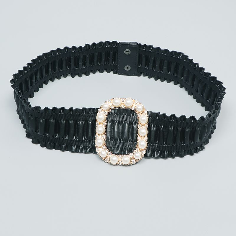 レディース ベルト レディース 幅広 フリルレザーベルト パール装飾付き