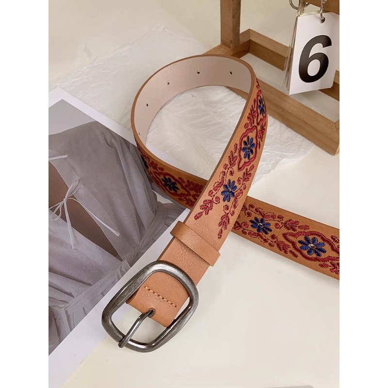 レディース ベルト 女性用花柄刺繍レザーベルト 合成皮革