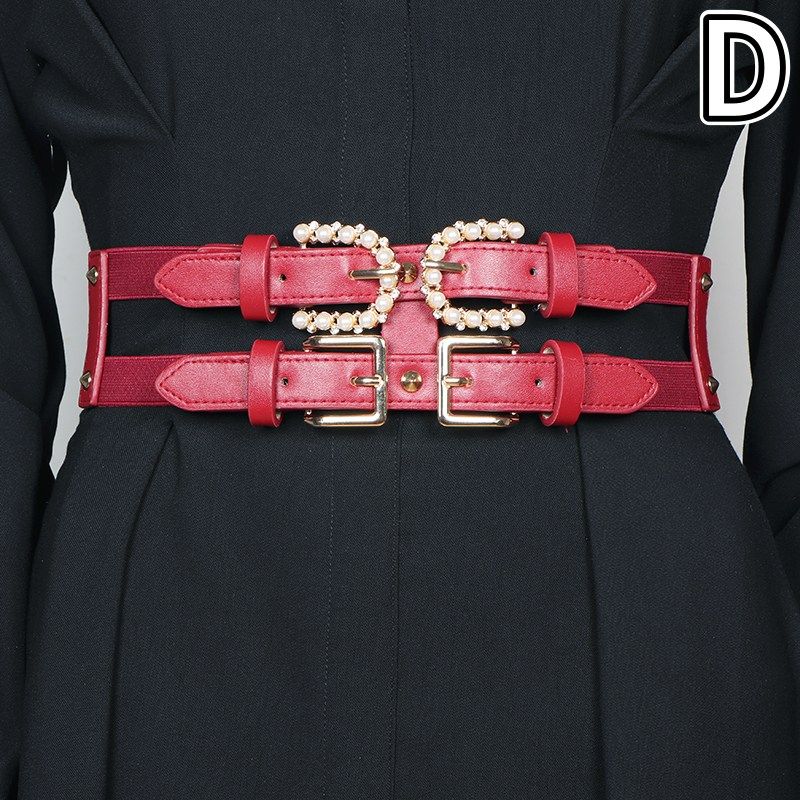レディース ベルト レディース レザーベルト パール装飾 二重ベルト
