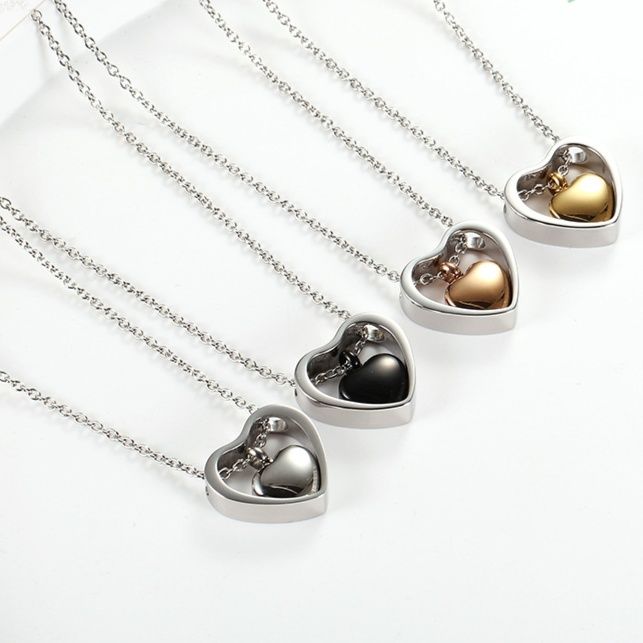 シルバー二重ハート遺骨ネックレス チェーン付き