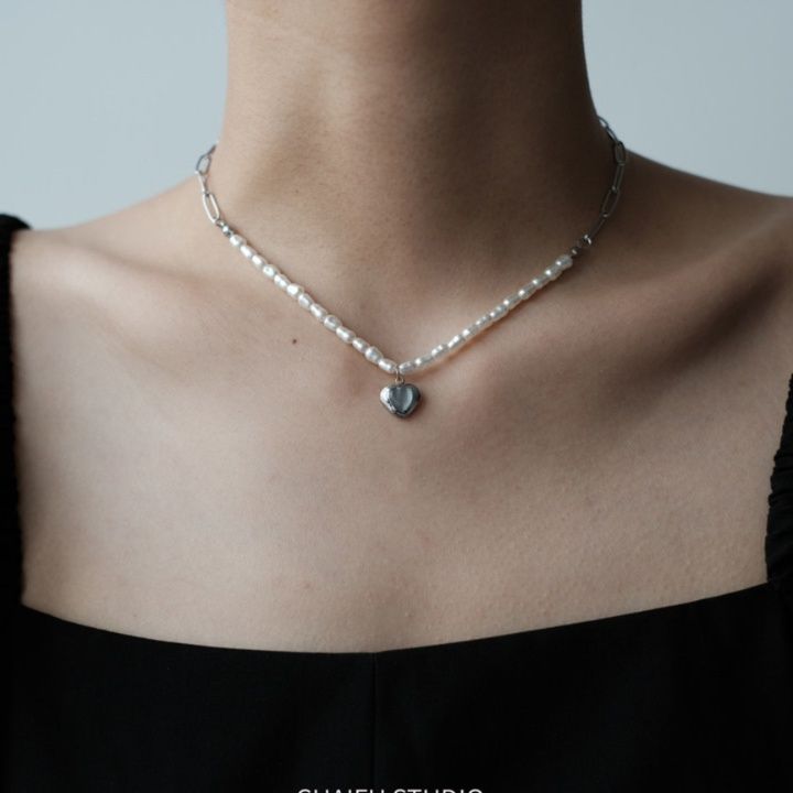 ハートチャーム付き淡水パール二連デザインネックレス