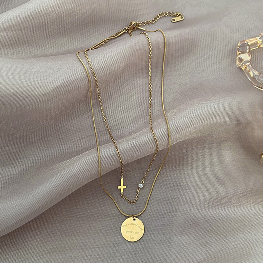 ゴールドWチェーン十字架コイン重ね付けネックレス