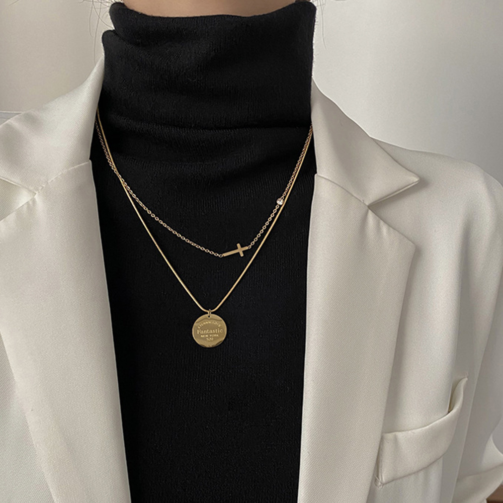ゴールドWチェーン十字架コイン重ね付けネックレス