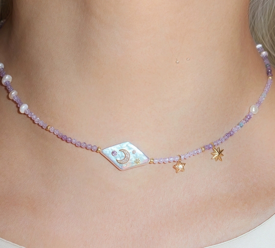 パール星月モチーフ重ね付けネックレス