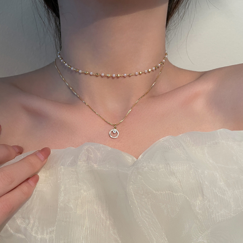 ゴールド二連チョーカー風ネックレス パール付き