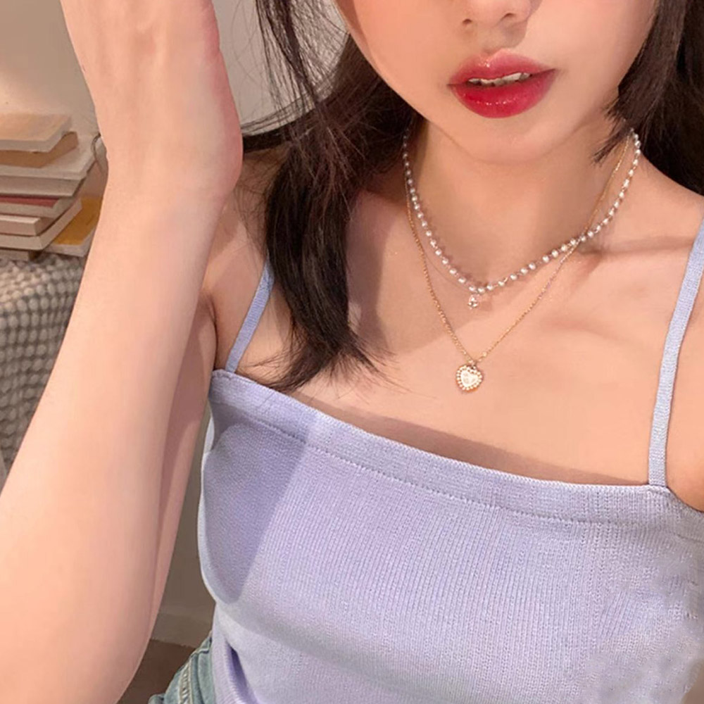 二連シルバー鎖骨ネックレス ハート型パール 