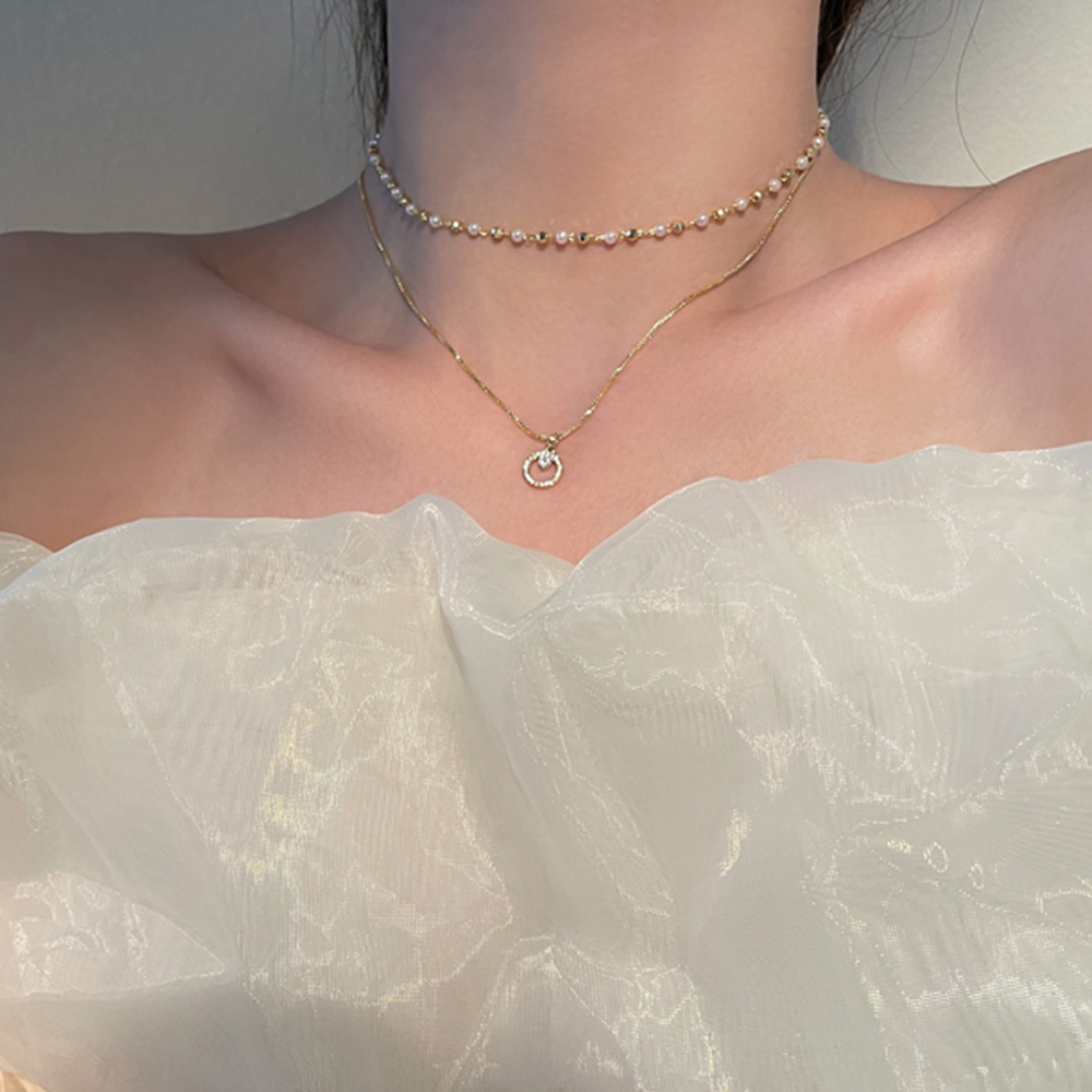 ゴールド二連チョーカー風ネックレス パール付き