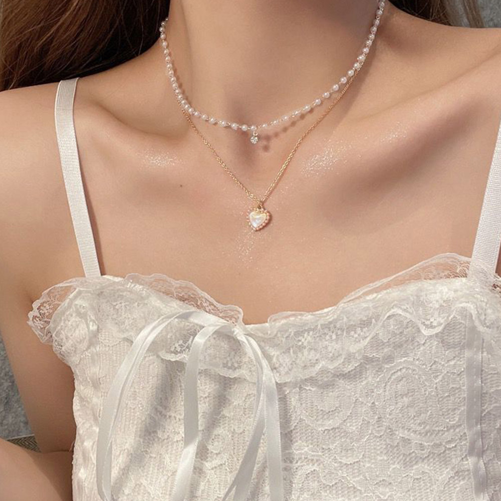 二連シルバー鎖骨ネックレス ハート型パール 