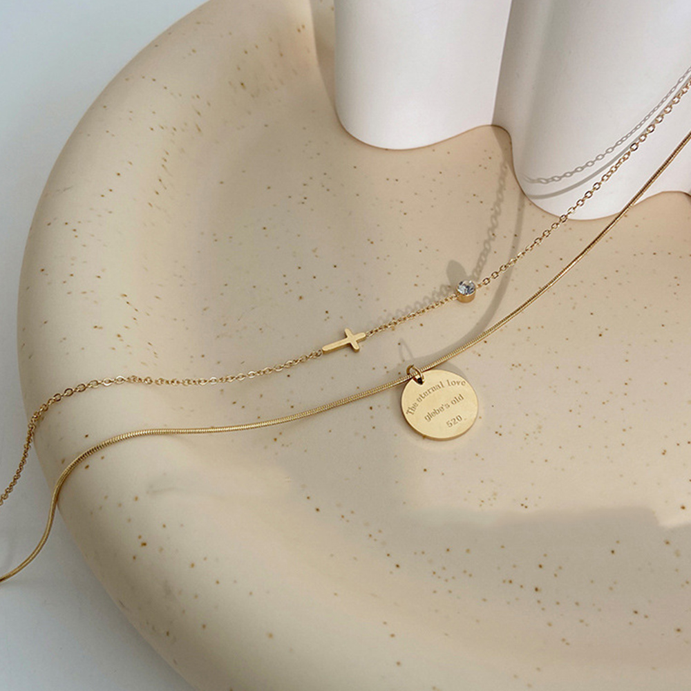 ゴールドWチェーン十字架コイン重ね付けネックレス