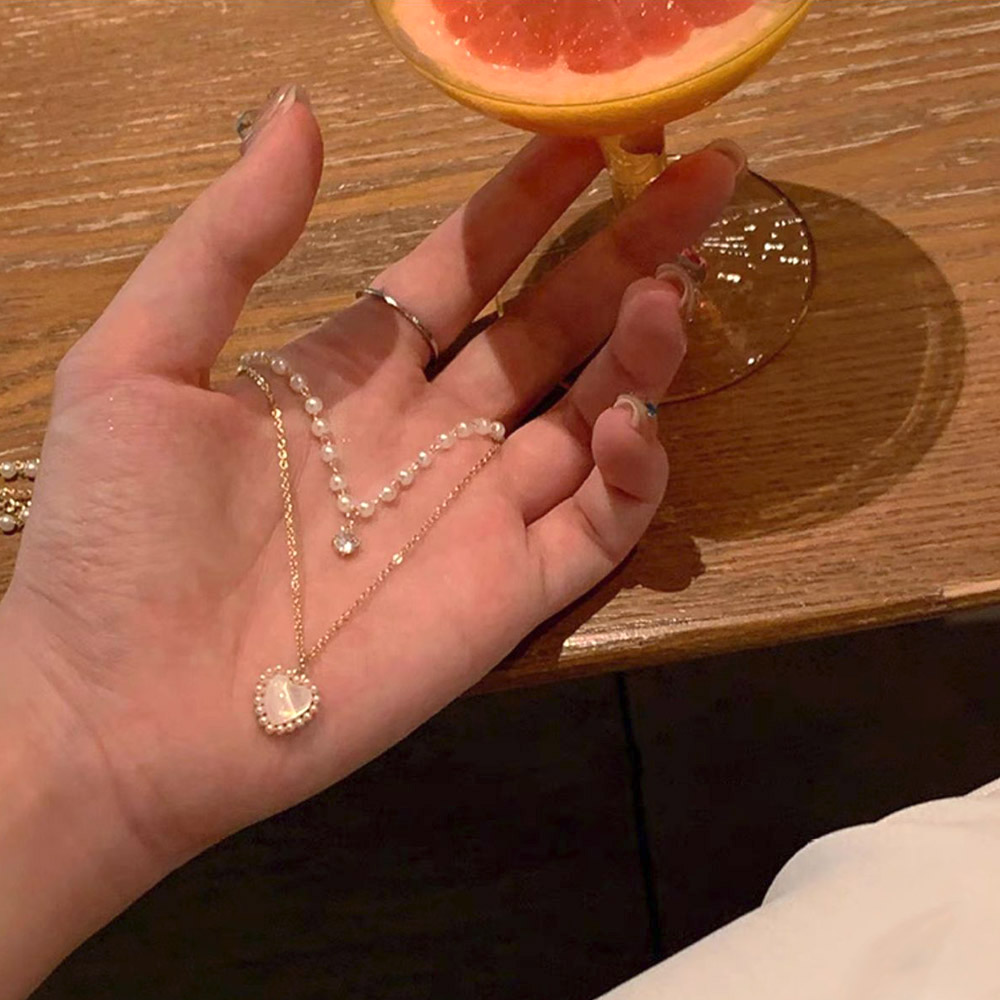 二連シルバー鎖骨ネックレス ハート型パール 