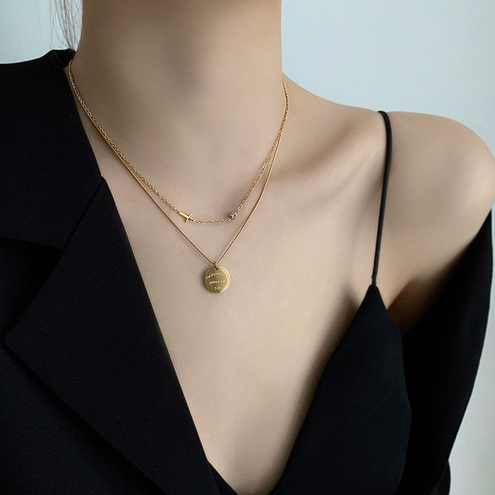 ゴールドWチェーン十字架コイン重ね付けネックレス