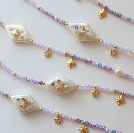 パール星月モチーフ重ね付けネックレス