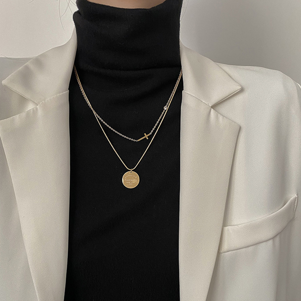 ゴールドWチェーン十字架コイン重ね付けネックレス