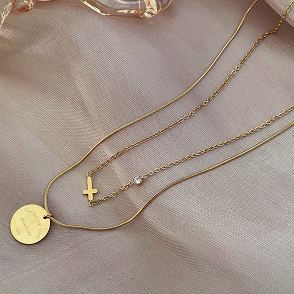 ゴールドWチェーン十字架コイン重ね付けネックレス