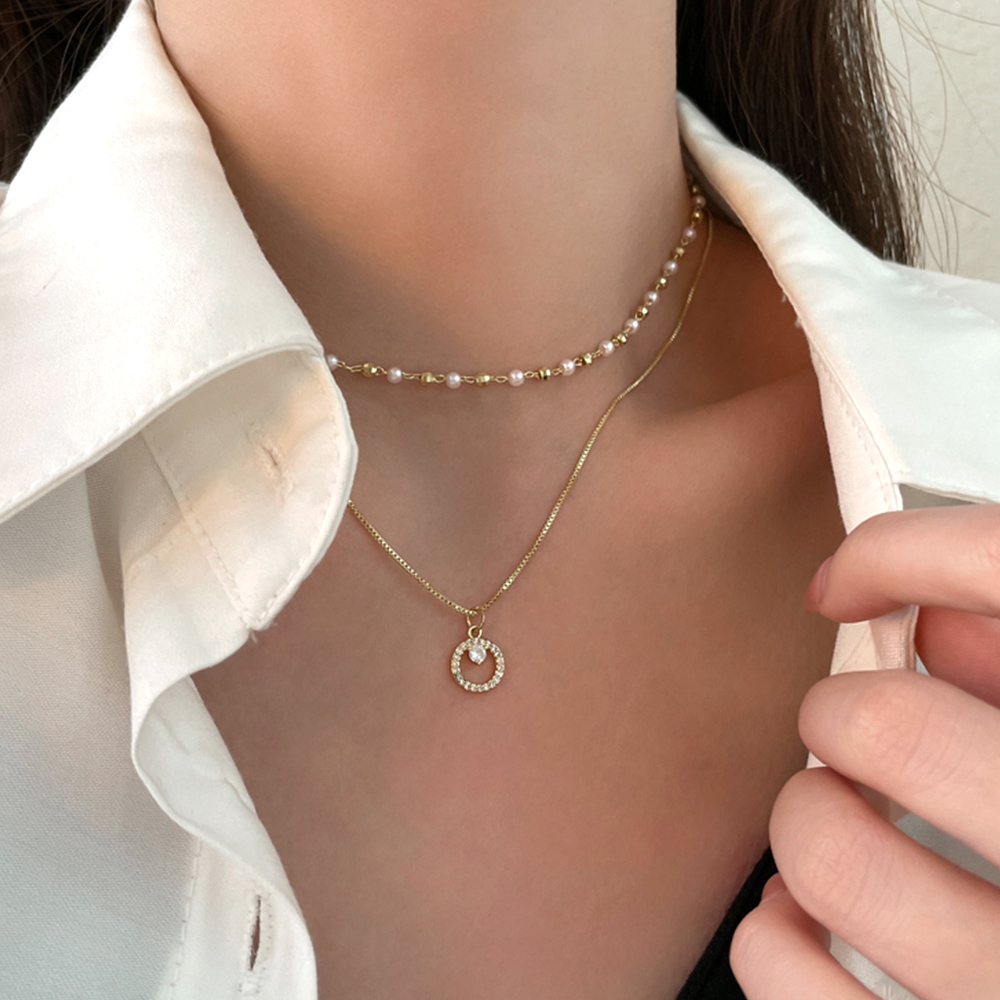 ゴールド二連チョーカー風ネックレス パール付き