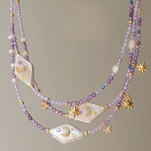 パール星月モチーフ重ね付けネックレス