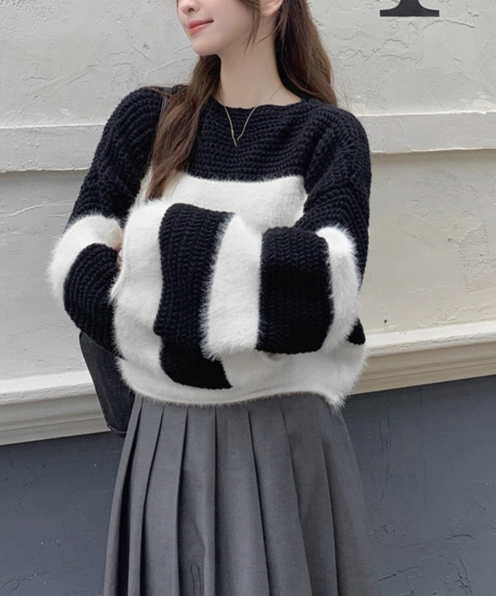 30代ファッション 大人可愛いボーダーシャギーニット長袖プルオーバー