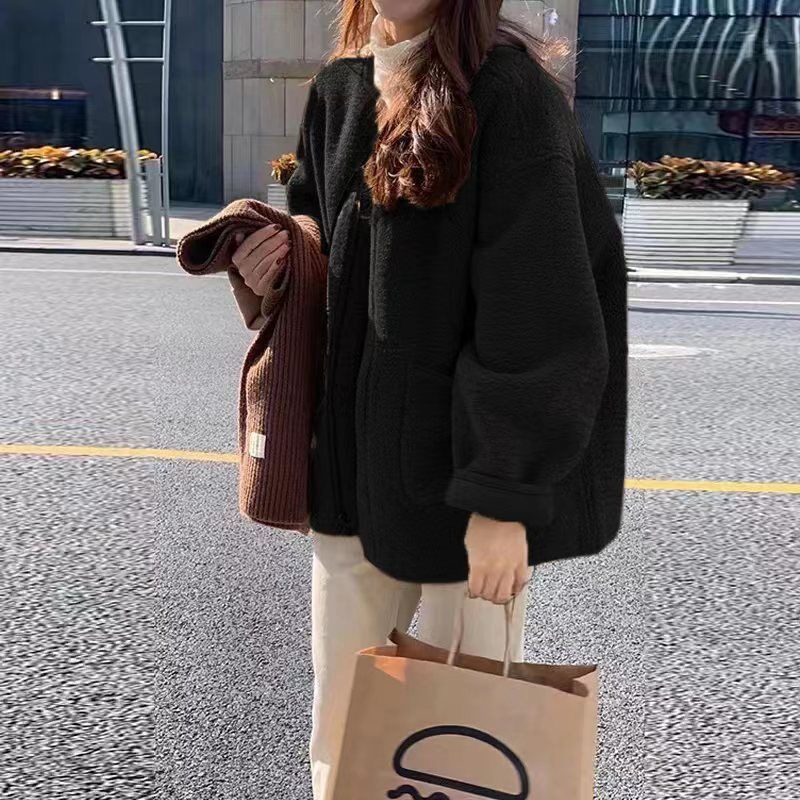 30代ファッション 韓国風ノーカラーボアジャケット ゆったりアウター