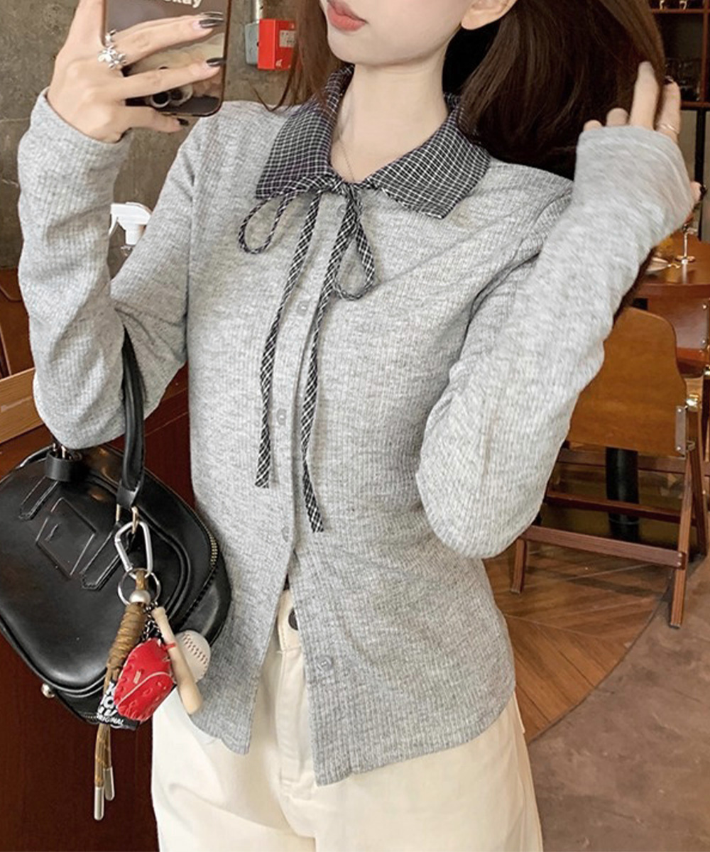 30代ファッション チェック襟リボンタイニットカーディガン