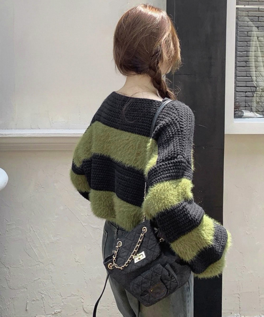 30代ファッション 大人可愛いボーダーシャギーニット長袖プルオーバー