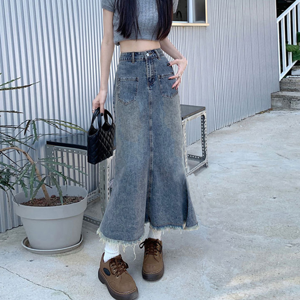 30代ファッション フリンジデニムスカート ロング丈 ハイウエスト
