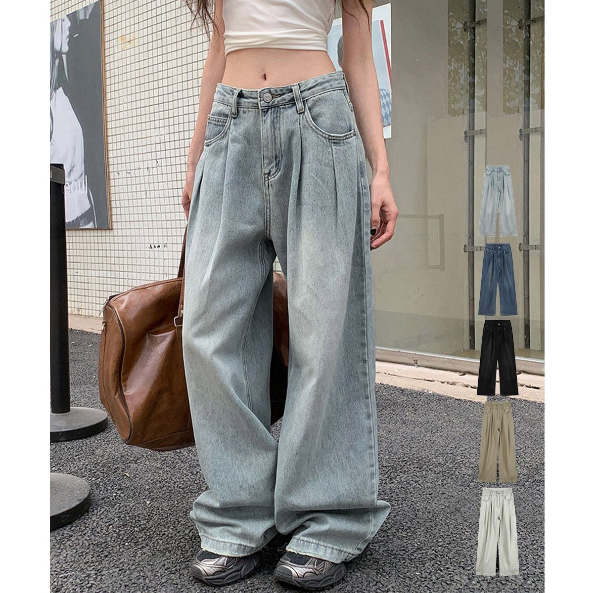 30代ファッション 脚長効果タックワイドデニムパンツ