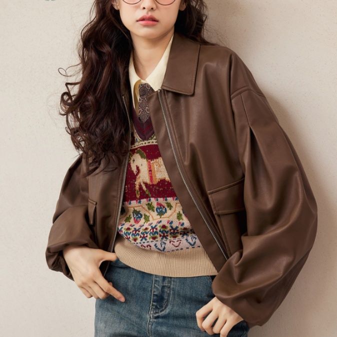 30代ファッション 復古風合成皮革ショート丈ジャケット