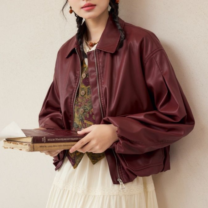 30代ファッション 復古風合成皮革ショート丈ジャケット