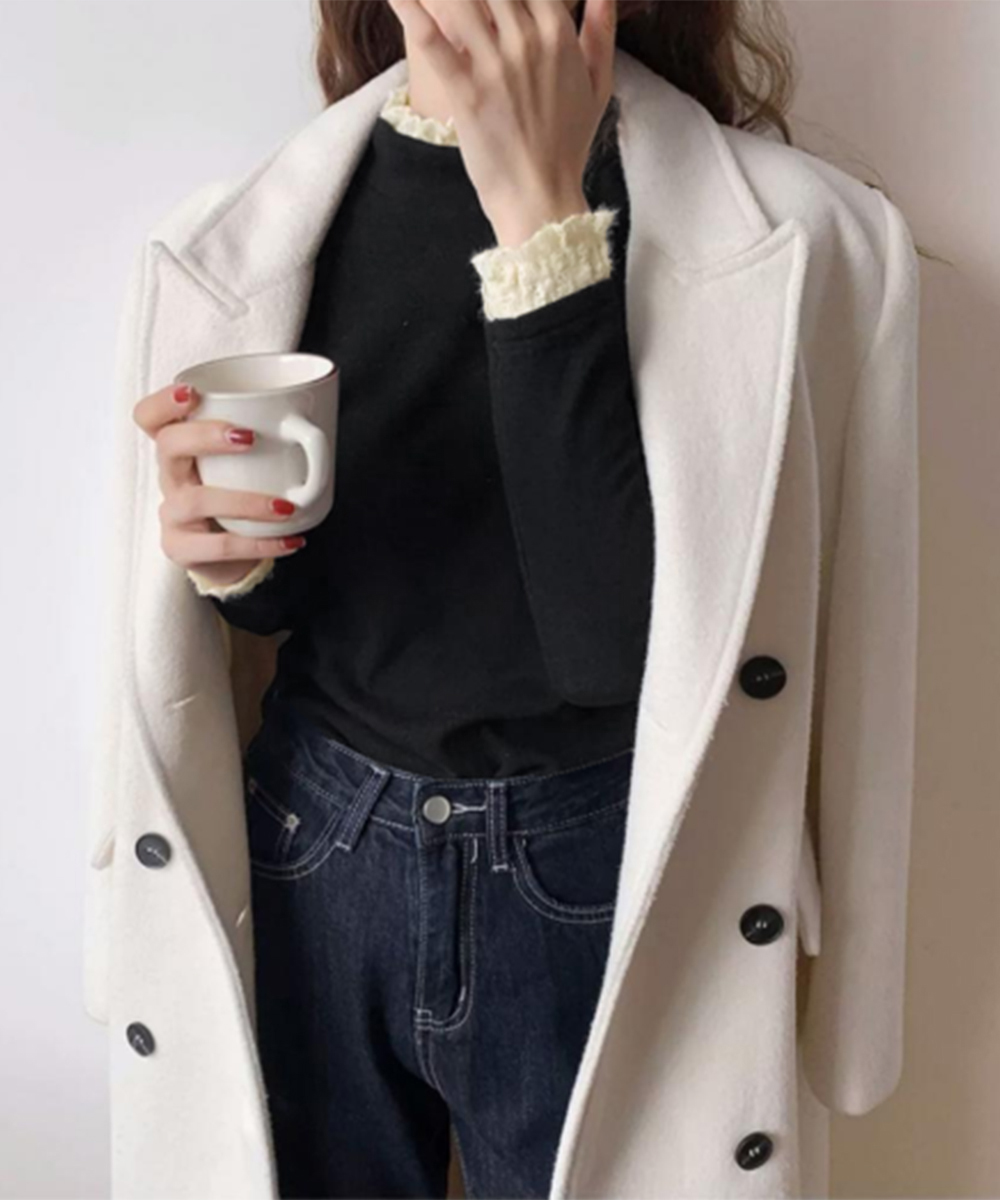 30代ファッション レース装飾ハイネックリブニット長袖