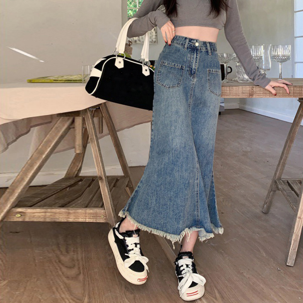 30代ファッション フリンジデニムスカート ロング丈 ハイウエスト