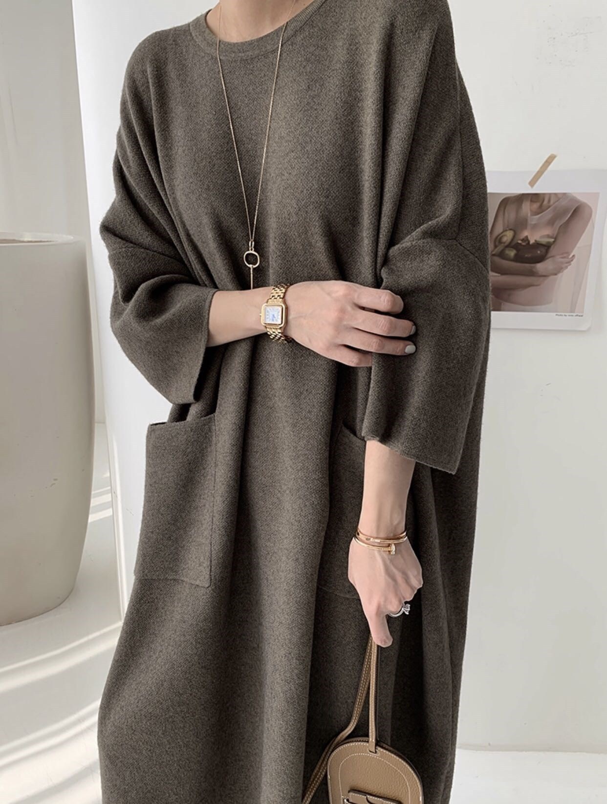 30代ファッション 厚手ニットワンピース 体型カバー ロング丈 レディース