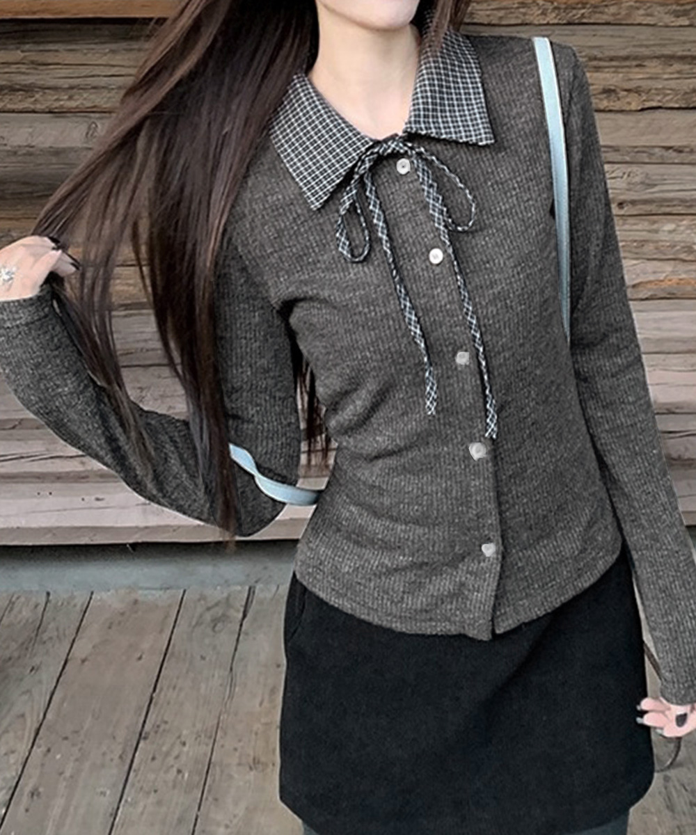 30代ファッション チェック襟リボンタイニットカーディガン