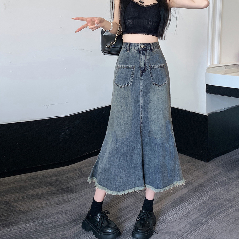 30代ファッション フリンジデニムスカート ロング丈 ハイウエスト