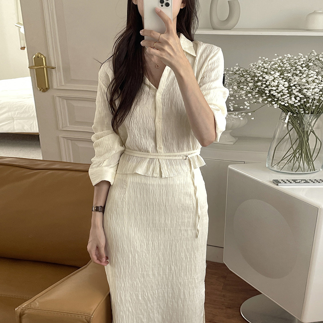 30代ファッション 韓国風シャツワンピース ウエストベルト付き