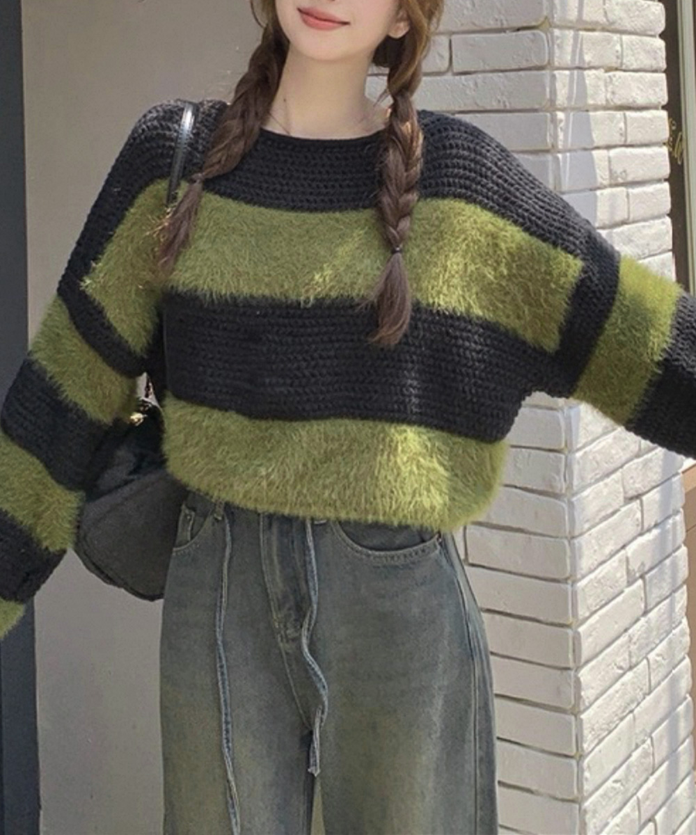 30代ファッション 大人可愛いボーダーシャギーニット長袖プルオーバー