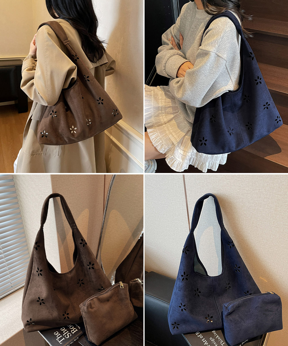 30代ファッション 花柄カットスエード調トートバッグ