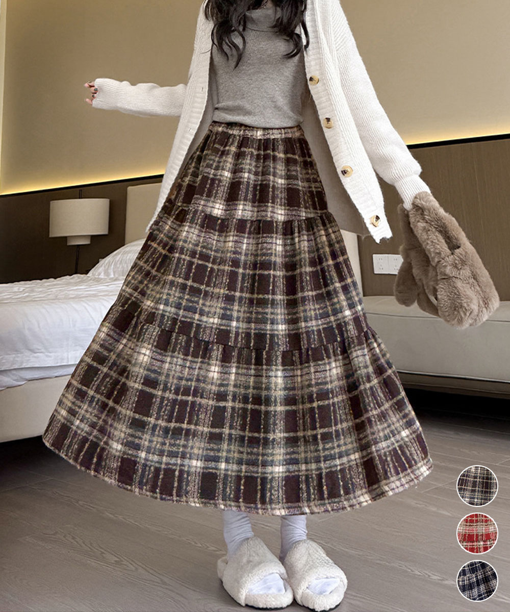 30代ファッション チェック柄フレアスカート ハイウエスト 秋冬 大人可愛い