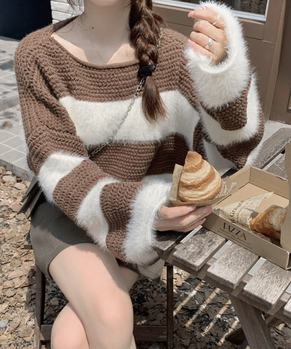 30代ファッション 大人可愛いボーダーシャギーニット長袖プルオーバー