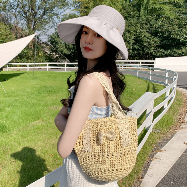 30代ファッション 編み込みロープバッグ リボン付きかごトート