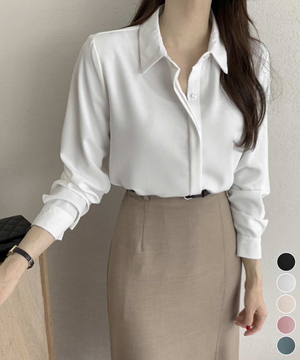 30代ファッション 隠しボタン長袖シャツブラウス