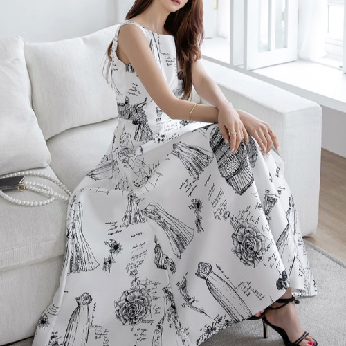 30代ファッション アート柄ロング丈ワンピース 夏 通勤 二次会