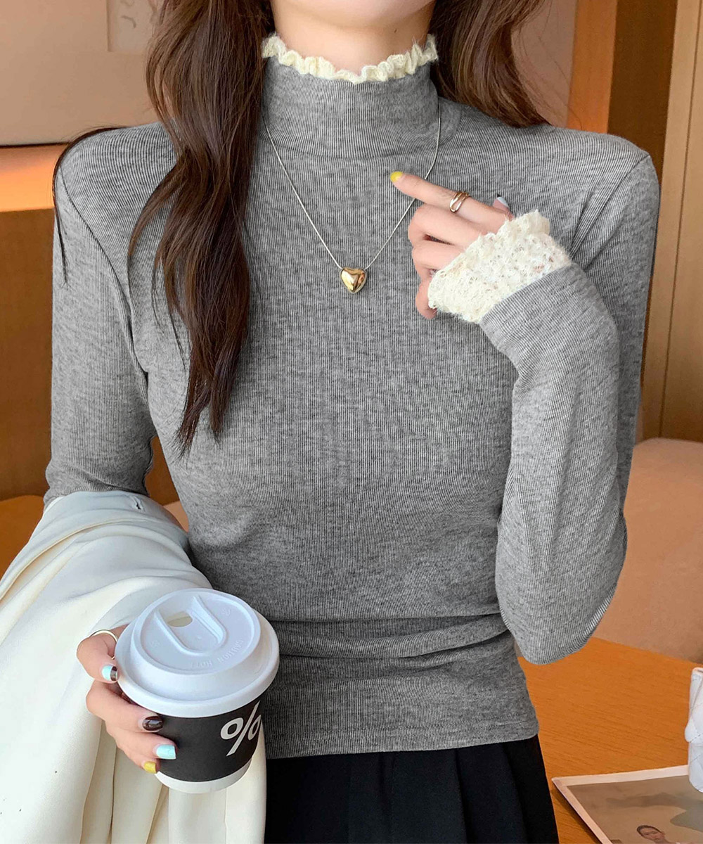 30代ファッション レース装飾ハイネックリブニット長袖