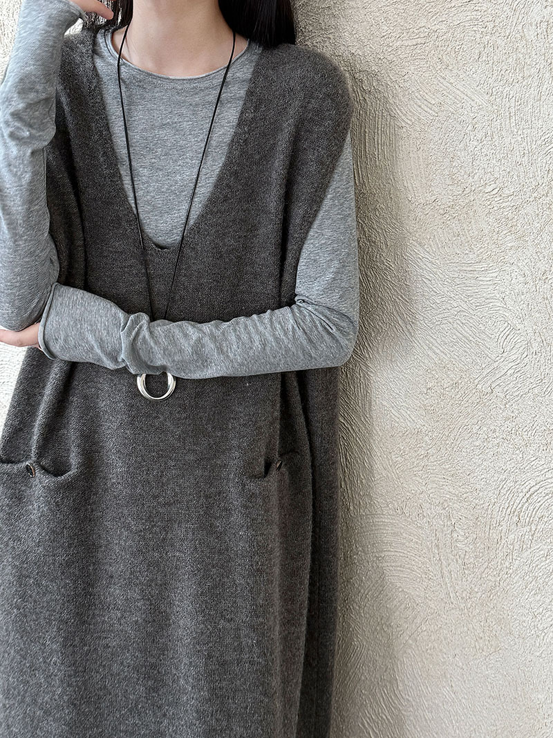 30代ファッション 韓国風ニットベスト重ね着風ワンピース