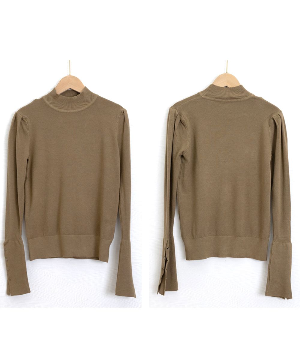 30代ファッション 袖ボタンハイネックニット長袖トップス