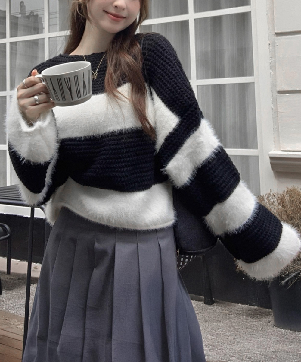 30代ファッション 大人可愛いボーダーシャギーニット長袖プルオーバー