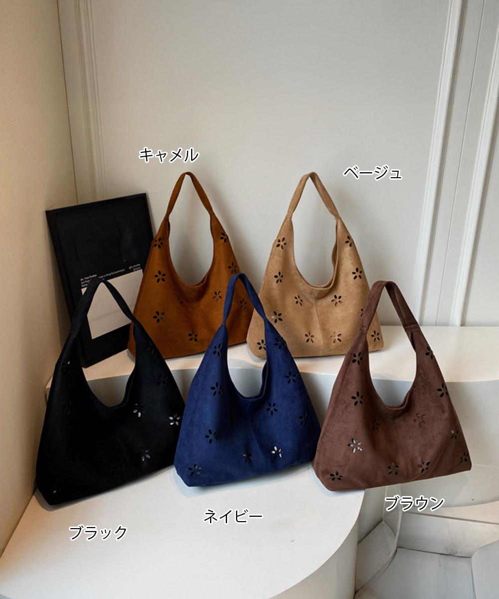30代ファッション 花柄カットスエード調トートバッグ
